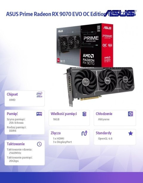 Karta graficzna RX 9070 PRIME EVO OC 16 GB GDDR6 256bit DP/HDMI Asus