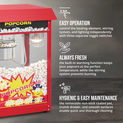 Maszyna urządzenie do prażenia popcornu retro 1500 W 5 kg/h - czerwona Royal Catering