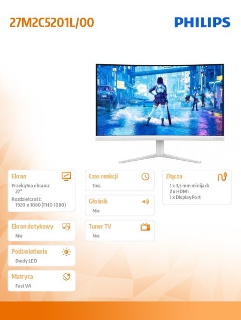 Monitor 27M2C5201L 27 cali Curved VA 180Hz HDMIx2 DP Philips