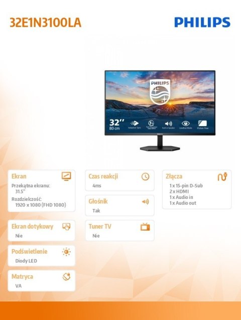 Monitor 31.5 cala 32E1N3100LA VA 75Hz HDMIx2 VGA Philips