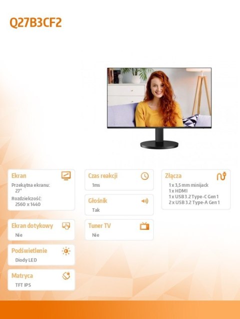 Monitor Q27B3CF2 27 cali IPS 100Hz HDMI USB-C HAS AOC