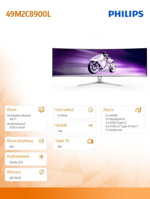 Monitor zakrzywiony 49M2C8900L 48.9 cala QD OLED 144Hz HDMIx2 DP USB-C KVM HAS Philips