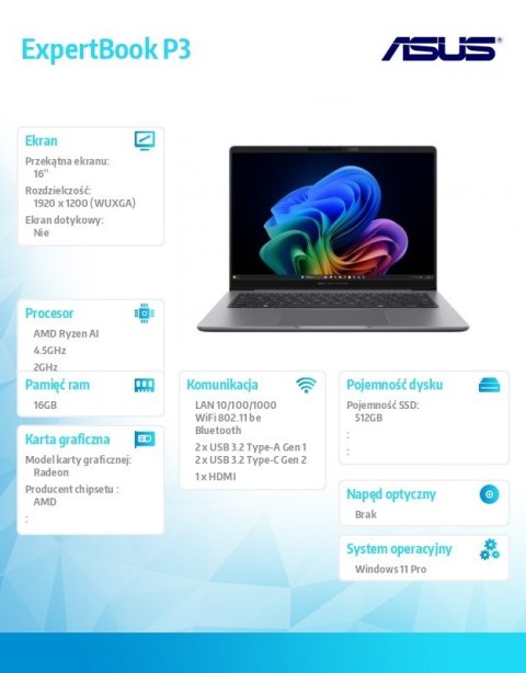 Notebook ExpertBook P3 PM3606CKA-MB0197X - Ryzen AI 5 330/16GB/512GB/16 WUXGA/Win 11 PRO/3YRS Asus