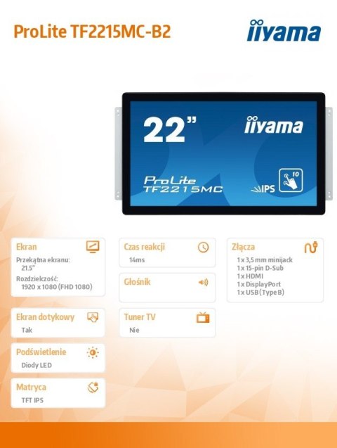 Monitor 22 TF2215MC-B2 pojemnościowy 10pkt pianka IPS DP HDMI IIYAMA