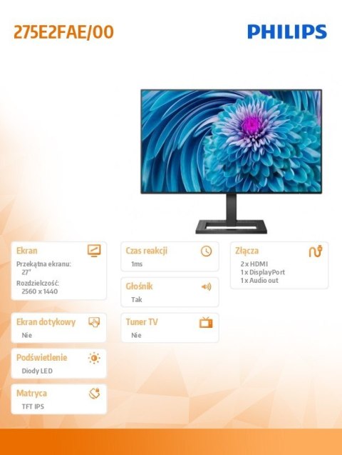 Monitor 275E2FAE 27 cali IPS HDMIx2 DP Głośniki HAS Philips