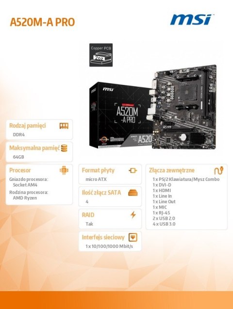 Płyta główna A520M-A PRO AM4 2DDR4 DVI/HDMI USB 3.2 mATX MSI