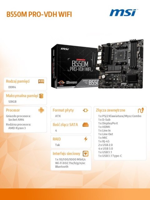 Płyta główna B550M PRO-VDH WIFI AM4 4DDR4 HDMI/DP/VGA M.2 mATX MSI