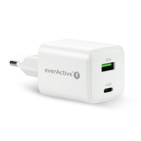Ładowarka sieciowa GaN 1X USB, 1X USB-C 45W QC4+ PD Biała EverActive