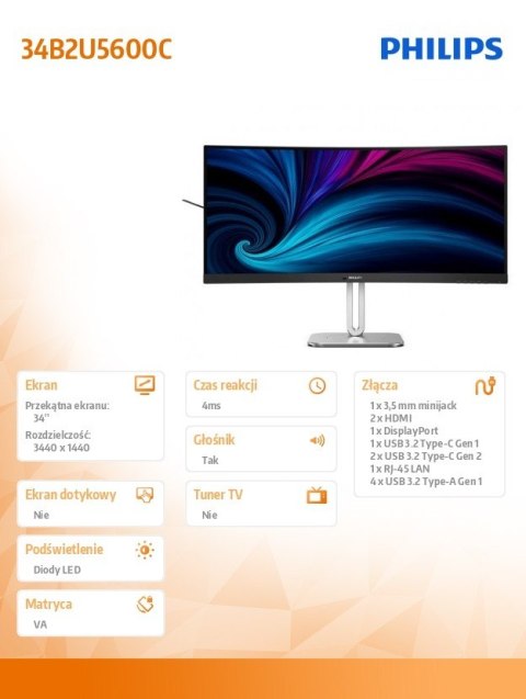 Monitor 34B2U5600C 34 cale Curved VA HDMIx2 DP HAS USB-C Głośniki Philips