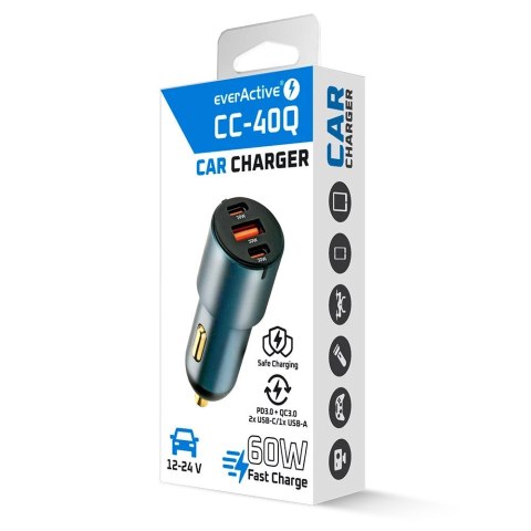 Ładowarka samochodowa CC-40Q QC3.0 60W 1X USB 2X USB-C PD czarna EverActive