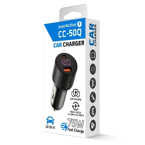 Ładowarka samochodowa CC-50Q QC3.0 75W 1X USB + 1X USB-C PD czarna EverActive