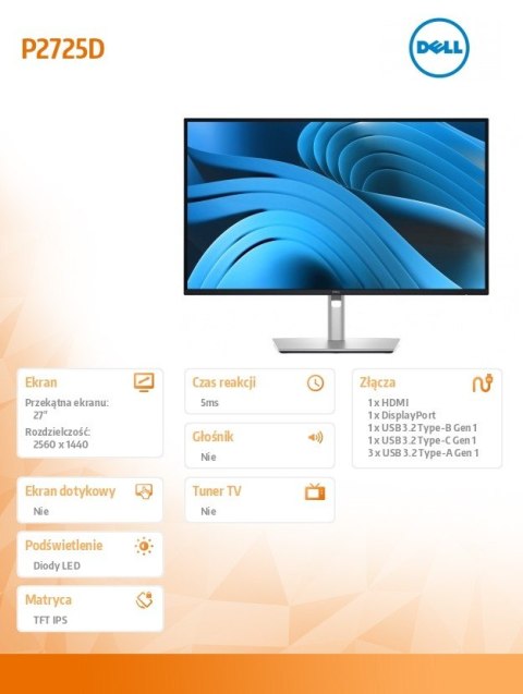Monitor 27 cali P2725D IPS QHD LED/16:9/HDMI/DP/USBC/3Y Dell