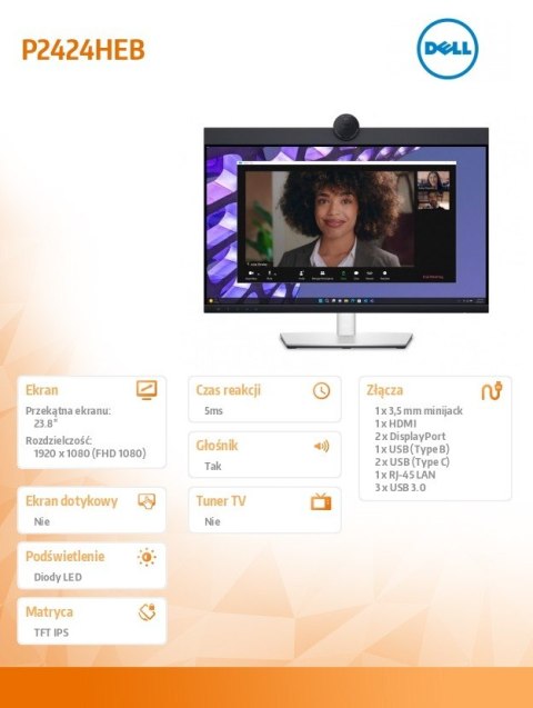 Monitor P2424HEB 23.8 cala LED IPS Full HD (1920 x1080)/16:9/HDMI/DP/ RJ-45/Kamera/Głośniki/Mikrofon/3YPPG Dell