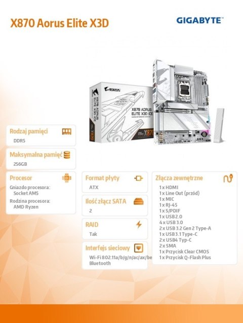 Płyta główna X870 AORUS ELITE X3D ICE AM5 4DDR5 HDMI ATX Gigabyte