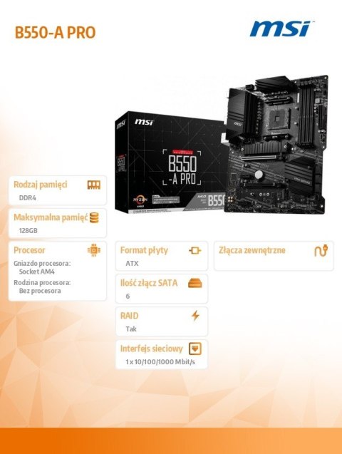 Płyta główna B550 A-PRO AM4 4DDR4 HDMI/DP M.2 ATX MSI