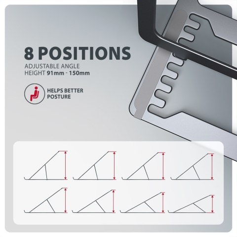 STND-LAG Podstawa do laptopów aluminiowa 10-17,3 cala 8 regulowanych pozycji, Szara AXAGON