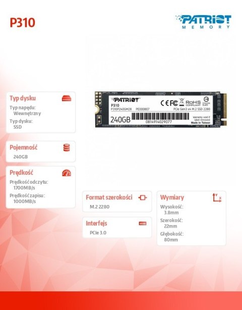 Dysk SSD P310 240GB M.2 2280 1700/1000 PCIe NVMe Gen3 x 4 Patriot