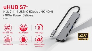 HUB USB-C 7w1 Aluminium PD 100W ; 5 Gbps ; HDMI 4K Unitek