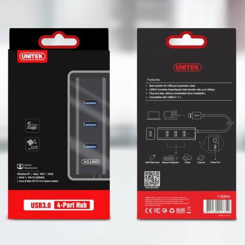 Hub 4x USB 3.0; BC1,2; CZARNY Unitek