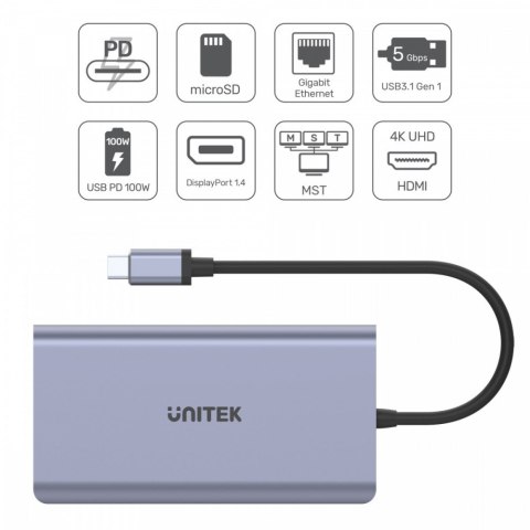 HUB USB-C 2x USB 3.1, HDMI 2.0, DP 1.4, RJ45, SD, PD 100W; D1056A Unitek