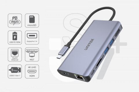 HUB USB-C 2x USB 3.1, HDMI 2.0, DP 1.4, RJ45, SD, PD 100W; D1056A Unitek