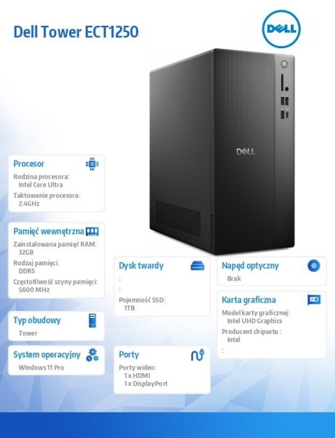 Komputer Dell Tower ECT1250 Win11Pro U7 265/32GB/1TB SSD/UHD/WLAN + BT/Kb & Mouse/3YPS Dell