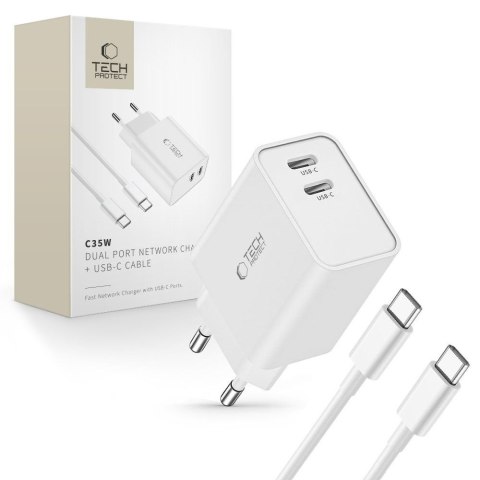 Ładowarka sieciowa C35W 2x USB-C z kablem USB-C 35W - biała Tech-Protect