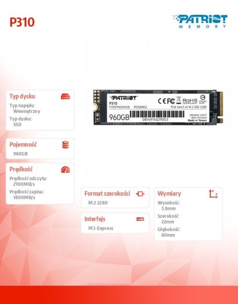 Dysk SSD P310 960GB M.2 2280 2100/1800 PCIe NVMe Gen3 x 4 Patriot