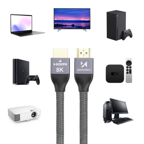 Kabel przewód HDMI 2.1 8K 60 Hz 48 Gbps 4K 120 Hz 2K 144 Hz 3 m srebrny WOZINSKY