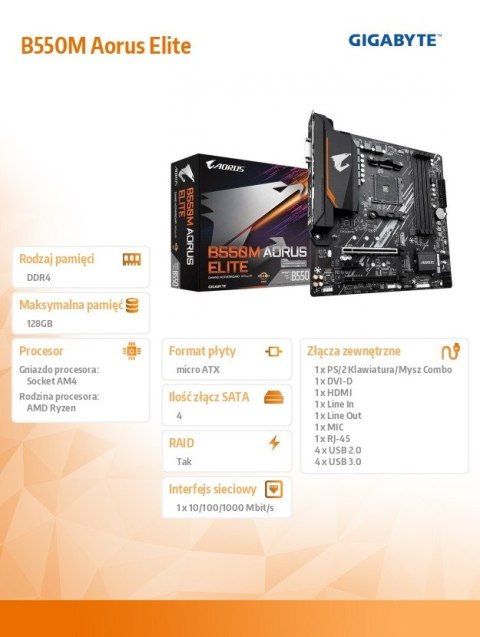 Płyta główna B550M AORUS ELITE AM4 4DDR4 2HDMI/DVI-D mATX Gigabyte