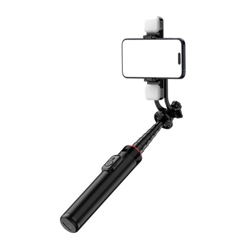 Selfie stick teleskopowy z pilotem + 2x lampka LED stojak tripod na telefon 1.3m aluminium - czarny HURTEL