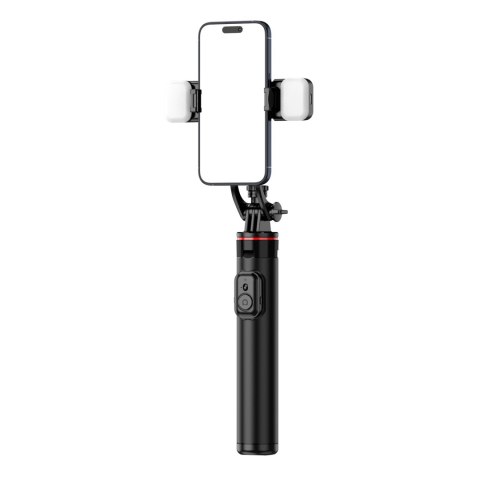 Selfie stick teleskopowy z pilotem + 2x lampka LED stojak tripod na telefon 1.3m aluminium - czarny HURTEL