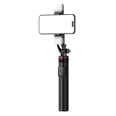 Selfie stick teleskopowy z pilotem + 2x lampka LED stojak tripod na telefon 1.3m aluminium - czarny HURTEL
