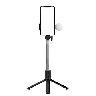 Selfie stick teleskopowy z pilotem + lampka LED stojak tripod na telefon 0.71m - czarny HURTEL