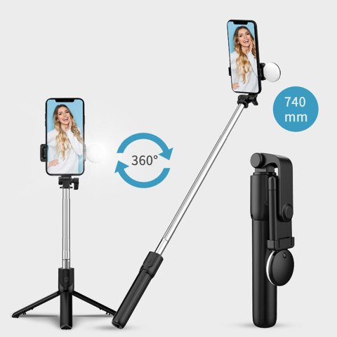 Selfie stick teleskopowy z pilotem + lampka LED stojak tripod na telefon 0.71m - czarny HURTEL