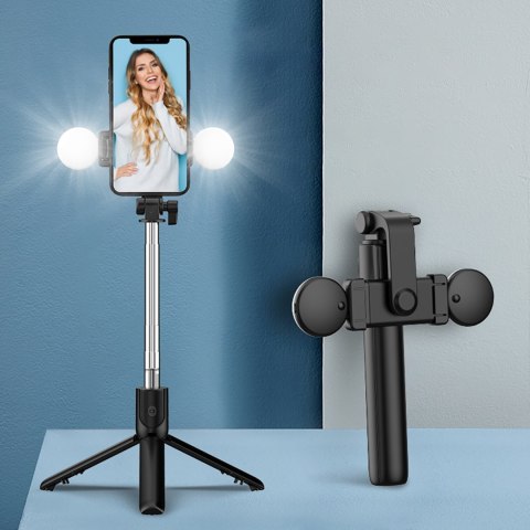 Selfie stick teleskopowy z pilotem + lampka LED stojak tripod na telefon 0.71m - czarny HURTEL