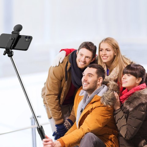 Selfie stick teleskopowy z pilotem + lampka LED stojak tripod na telefon 0.71m - czarny HURTEL