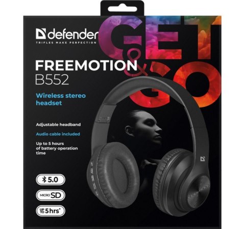 Słuchawki bezprzewodowe nauszne Freemotion B552 z mikrofonem, czarne Defender