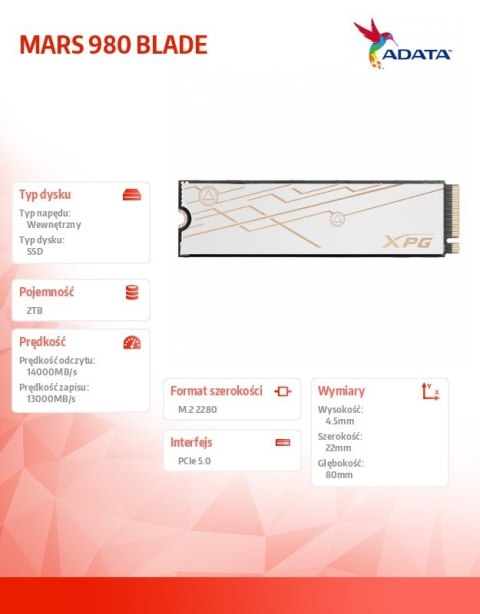 Dysk SSD XPG MARS 980 BLADE 2TB PCIe 5x4 14/13 GB/s M2 Adata