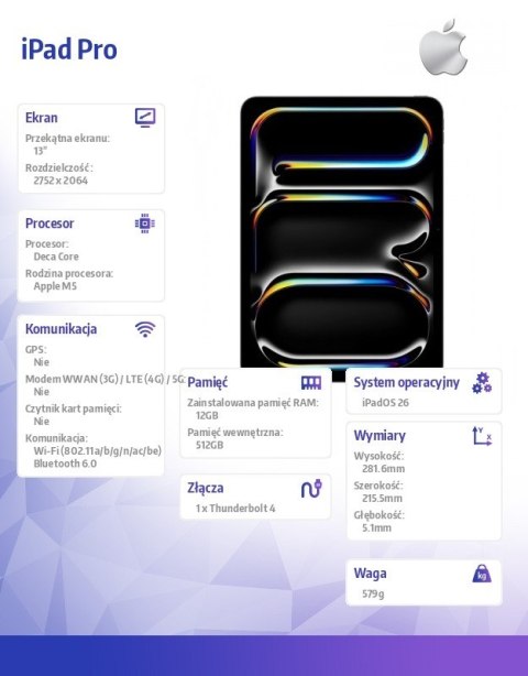 IPad Pro 13-calowy Wi-Fi 512 GB ze standardowym szkłem - Gwiezdna czerń Apple