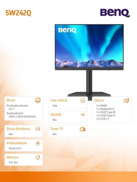 Monitor 23.8 cala SW242Q 2K RGB 5ms/400:1/FOTO/HDMI Benq