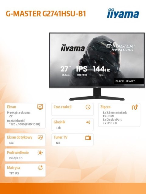 Monitor 27 cali G2741HSU-B1 IPS,FHD,144Hz,1ms,2xUSB, 350cd,HDMI,DP IIYAMA