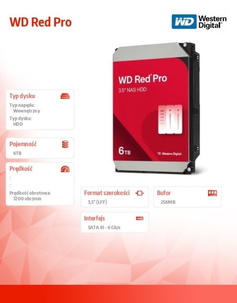 Dysk HDD Red Pro 6TB 3,5 265 MB SATAIII WD6005FFBX Western Digital