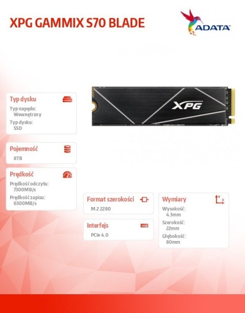 Dysk SSD XPG GAMMIX S70 BLADE 8000GB PCIe 4x4 7.3/6.3MB/s Adata