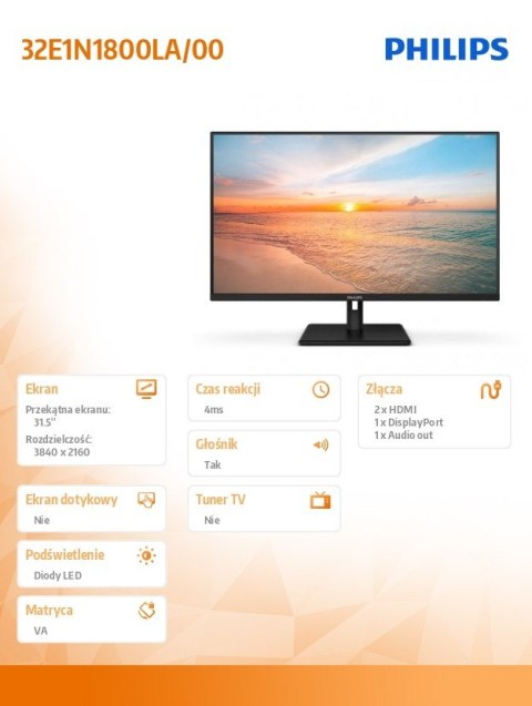 Monitor 32E1N1800LA VA 31.5 cala 4K HDMIx2 DP Głośniki Philips