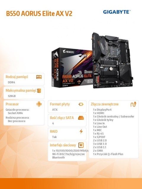 Płyta główna B550 AORUS ELITE AX V2 AM4 4DDR4 HDMI/DP M.2 ATX Gigabyte