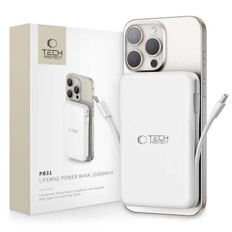 Powerbank magnetyczny PB31 10000mAh 15W MagSafe z kablami USB-C iPhone Lightning - biały Tech-Protect