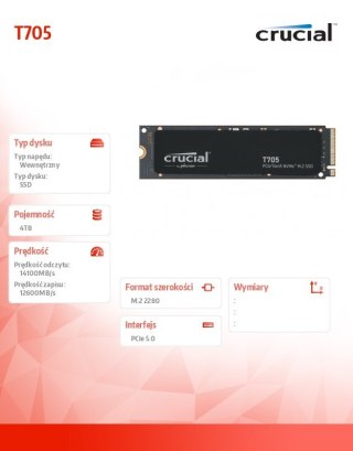 Dysk SSD T705 4TB M.2 NVMe 2280 PCIe 5.0 14100/12600 Crucial
