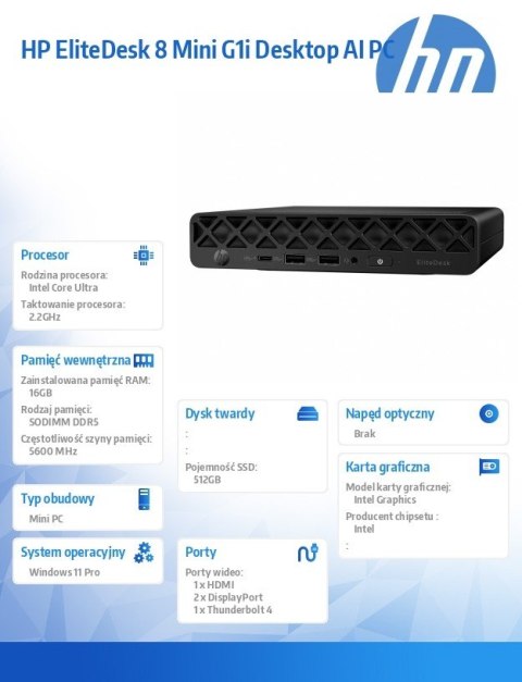 Komputer EliteDesk 8 Mini G1i U5-235T 512GB/16GB/W11P 998Z8ET HP Inc.