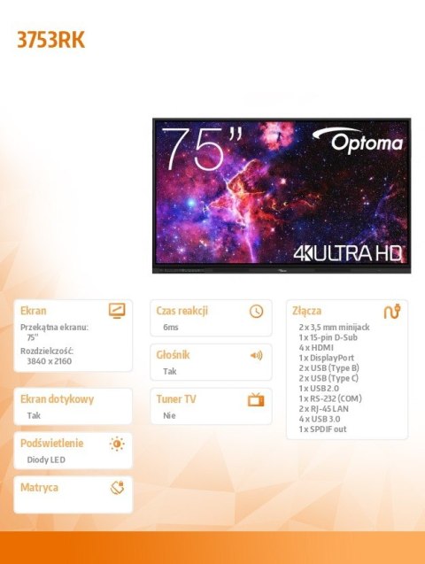 Monitor interaktywny 75 cali IFPD 3753RK H1F0H07BW101 Optoma